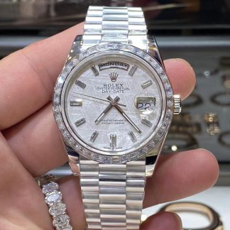 olex Day-Date 228396TBR Platinum Meteorite Dial Baguette Diamond Bezel President Bracelet Automatic Watch